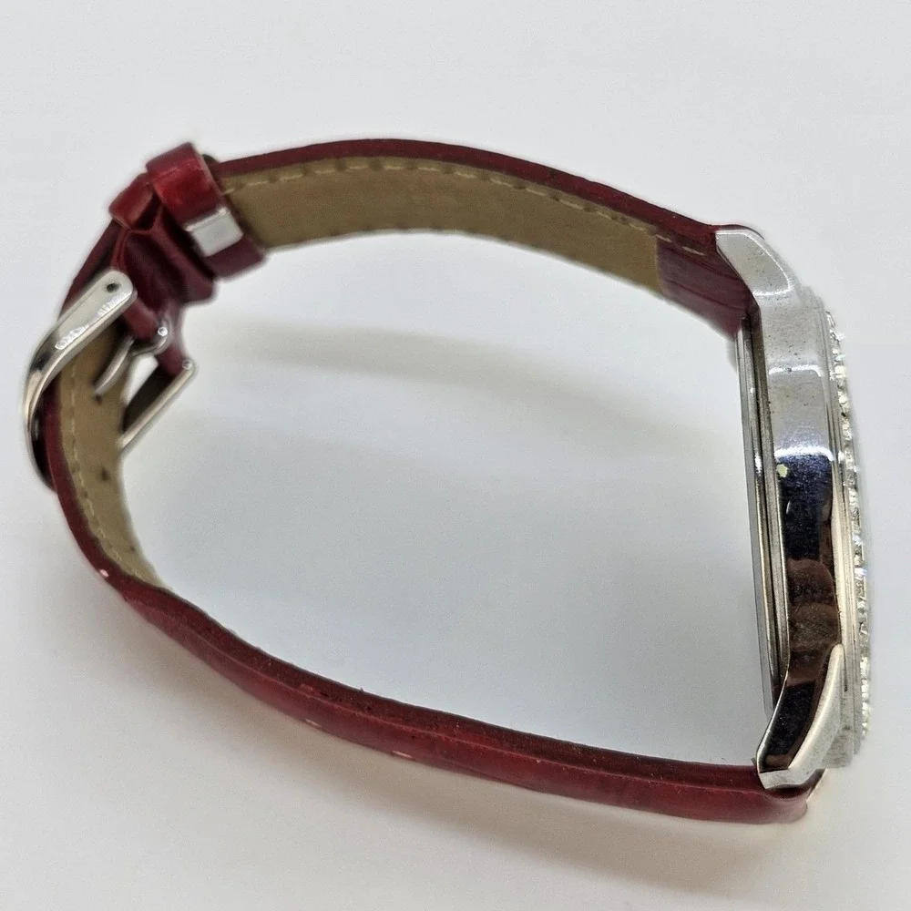 NYC‎ Women's Watch 40MM Gray Dial Crystal Bezel Red Leather Bands New Battery
